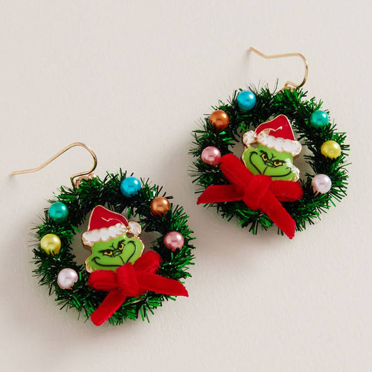 Holiday Grinch Green Monster Wreath Dangle Earrings