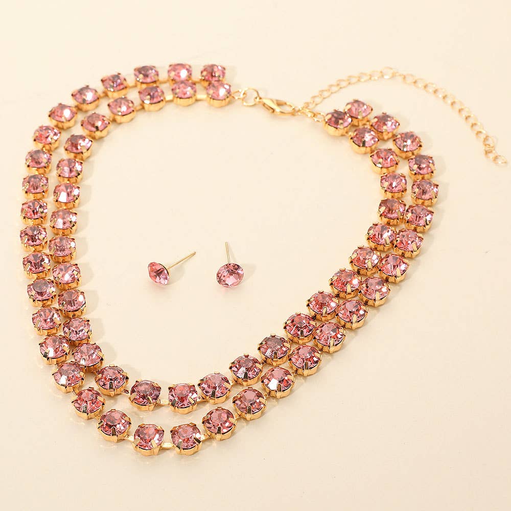 Double Row Round Stone Cluster Link Layered Necklace