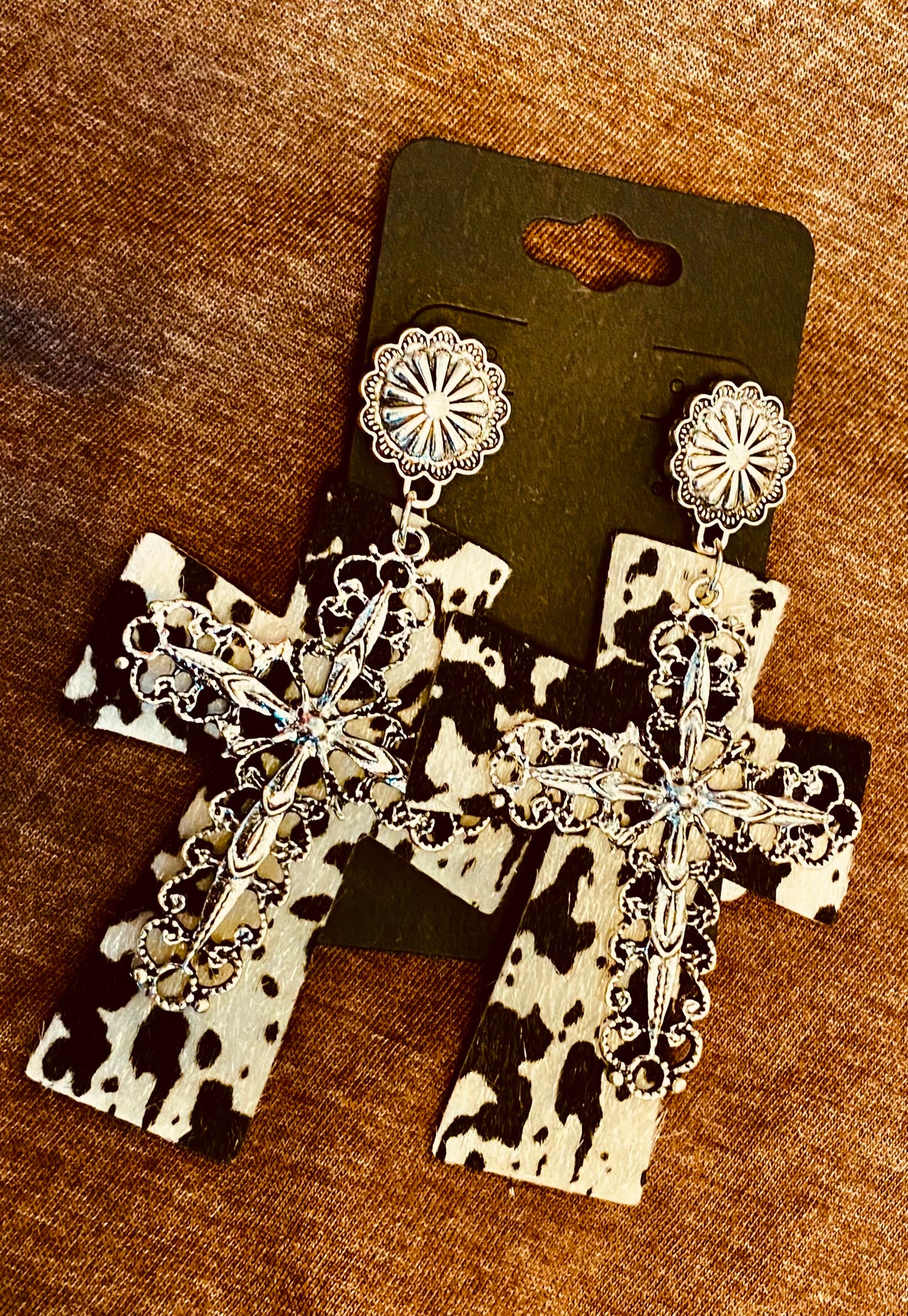 Cowprint Cross Earrings