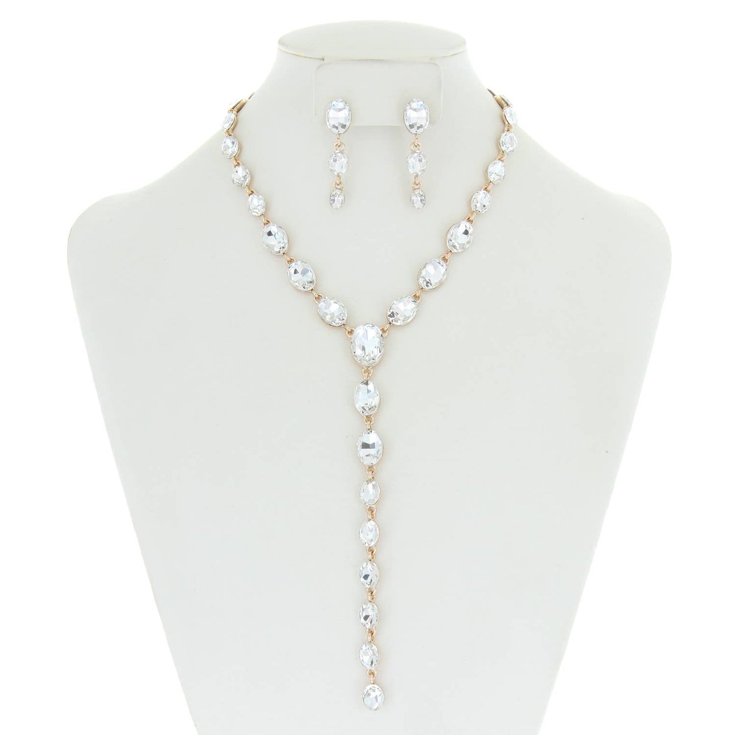 Oval Cut Crystal Lariat Necklace Earring Set