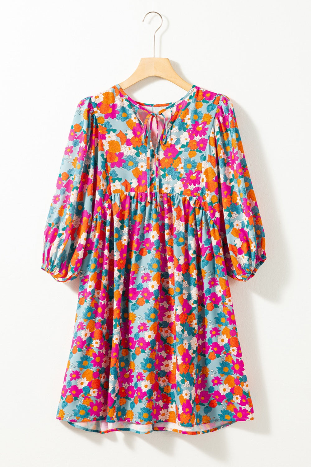 Floral Tie Neck Puff Sleeve Mini Dress