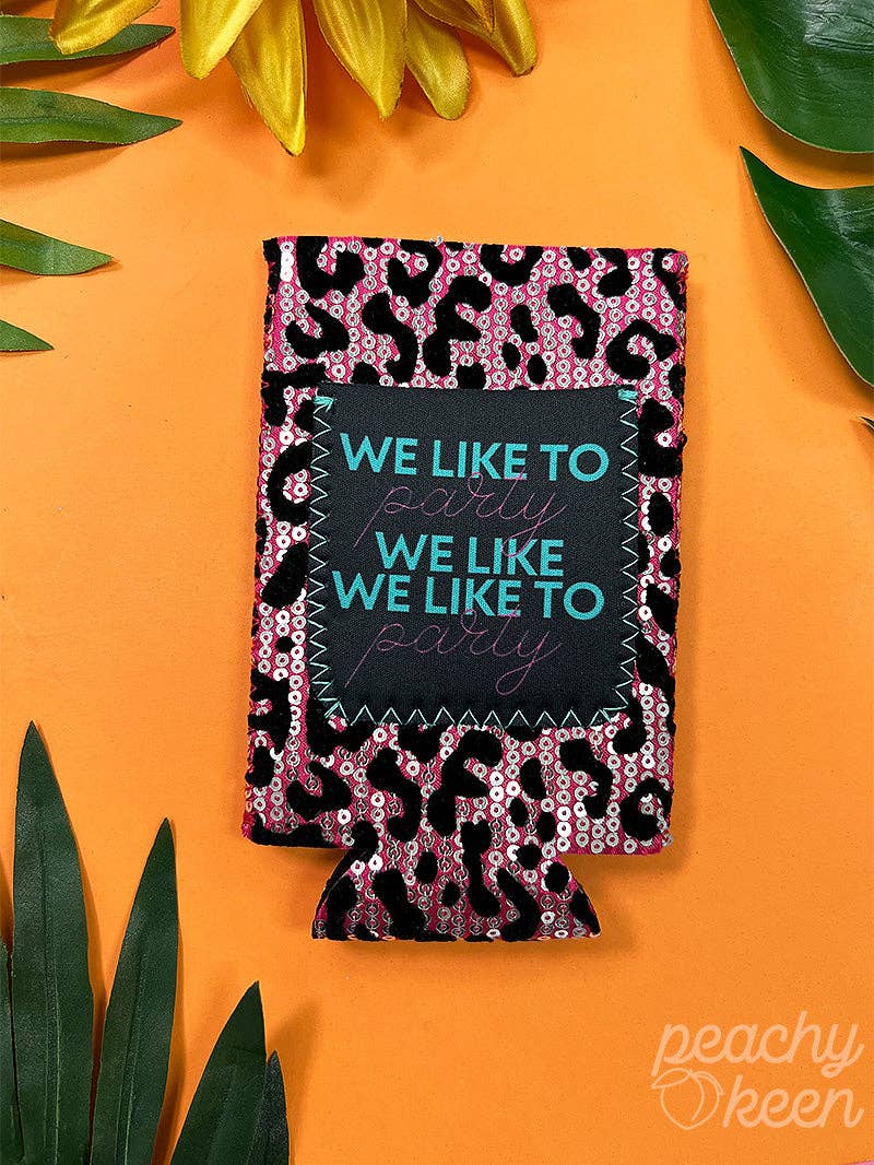 We Like To Party Pink Sequin Black Leopard Slim Can Cooler