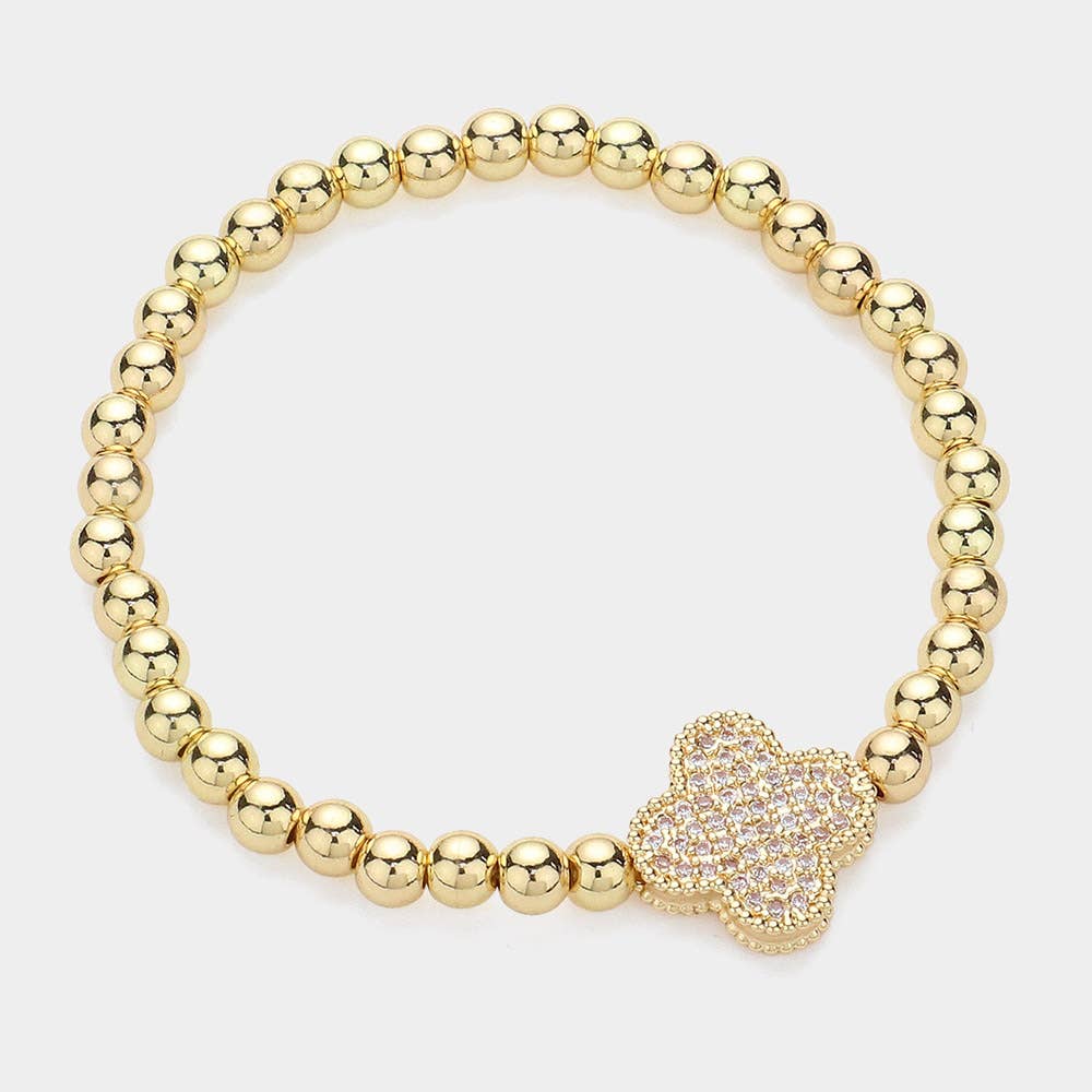 Stainless Steel Stone Paved Quatrefoil Charm Bracelet