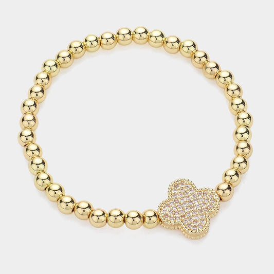 Stainless Steel Stone Paved Quatrefoil Charm Bracelet