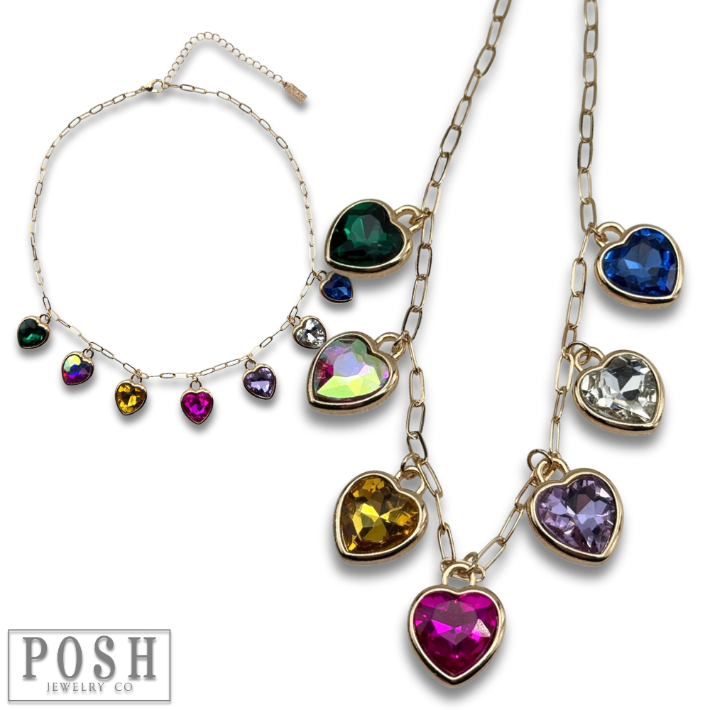 Multi-color rhinestone heart charm necklace