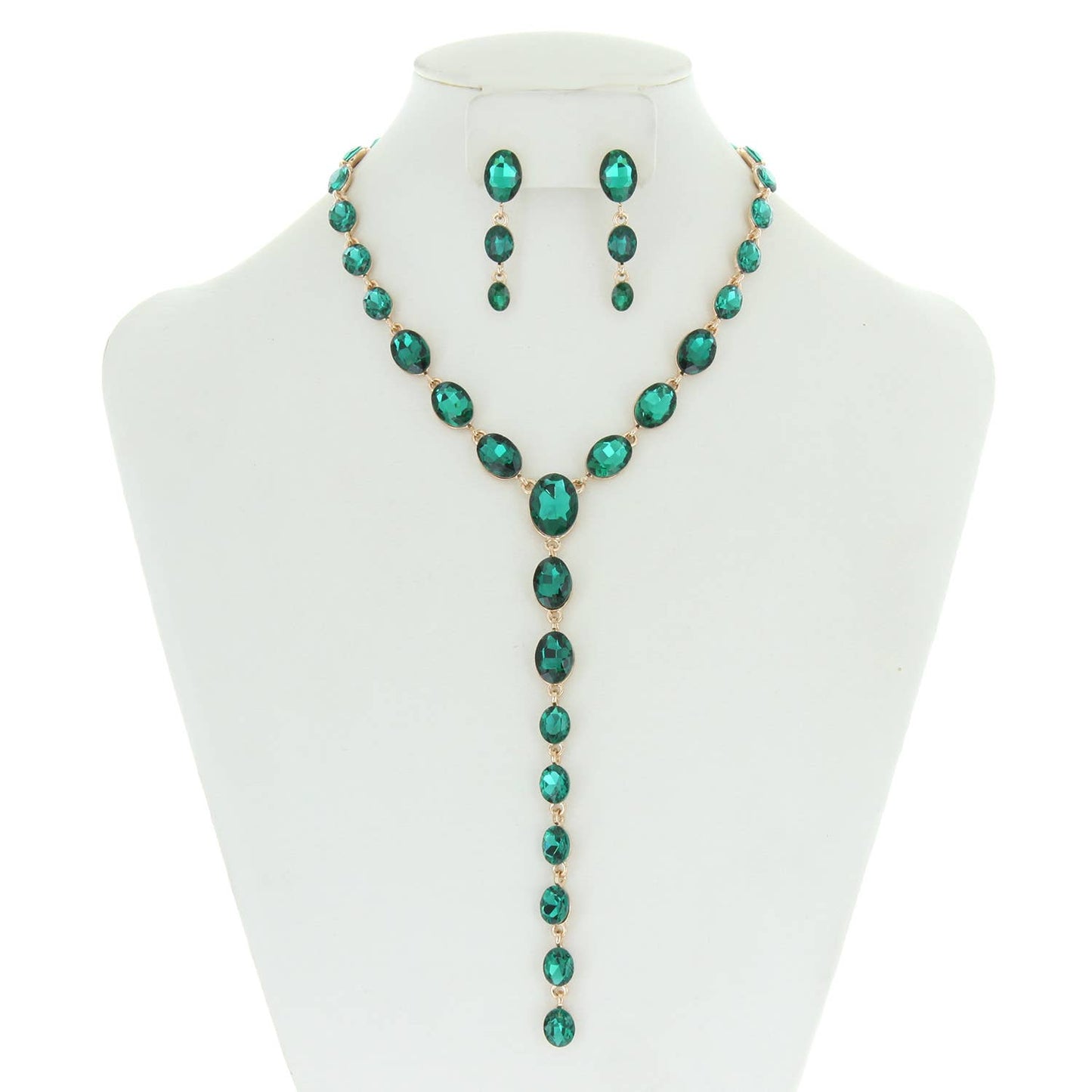 Oval Cut Crystal Lariat Necklace Earring Set