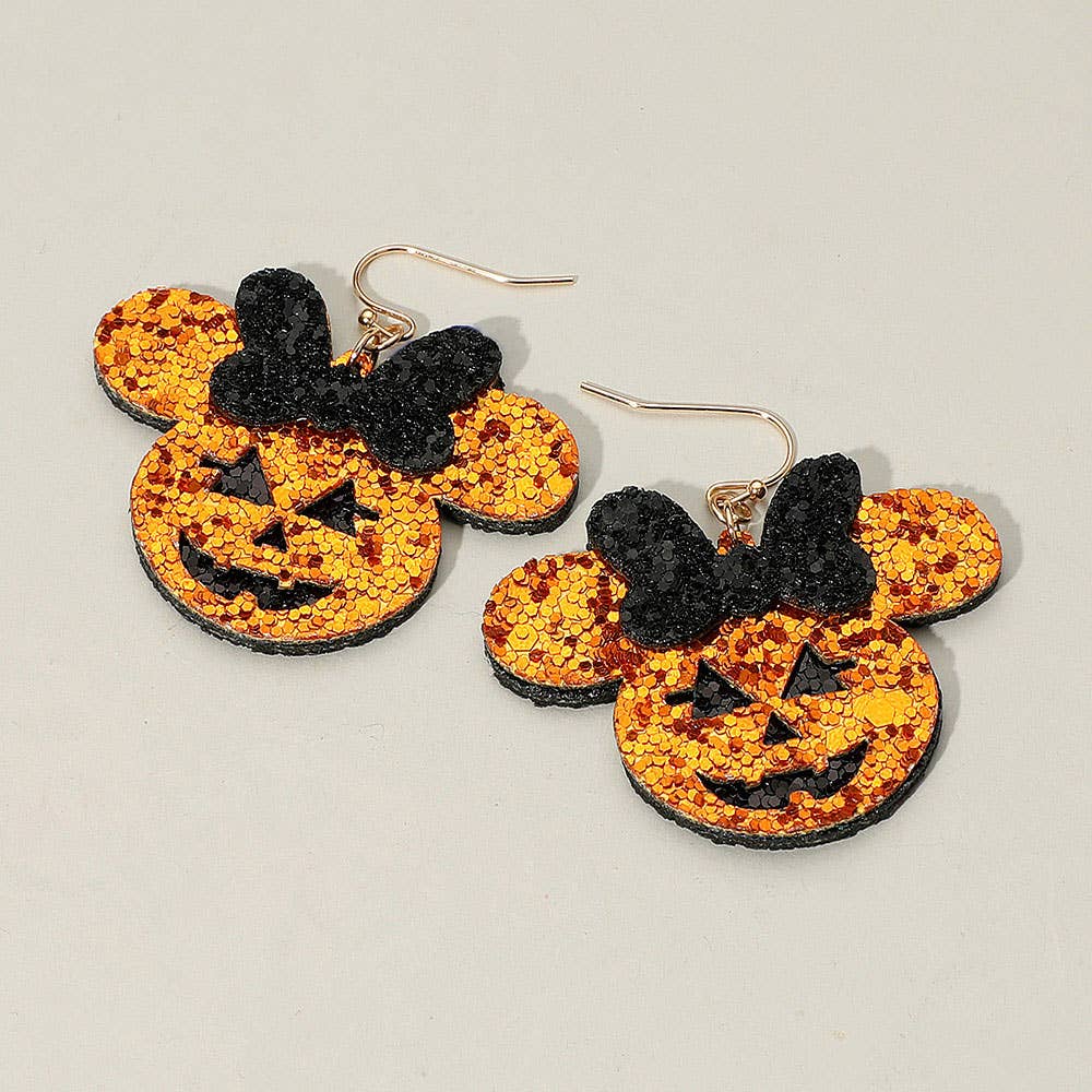 Glittered Halloween Pumpkin Mouse Character Dangle Earrings