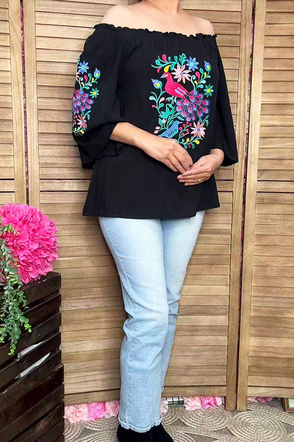 Flower & bird embroidery black rayon women top XCH16731