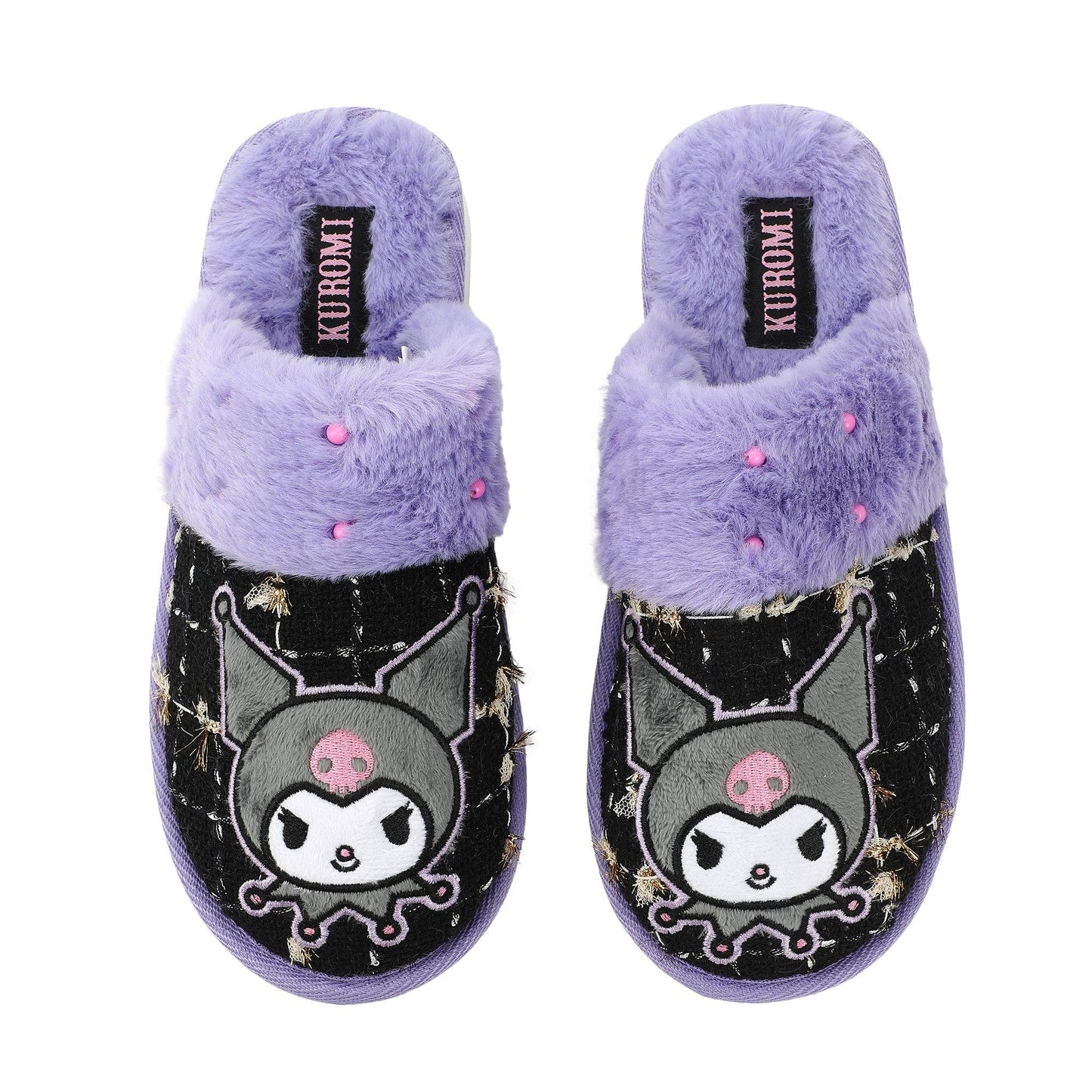 Kuromi Character & Rhinestones Women's Black Tweed Mules