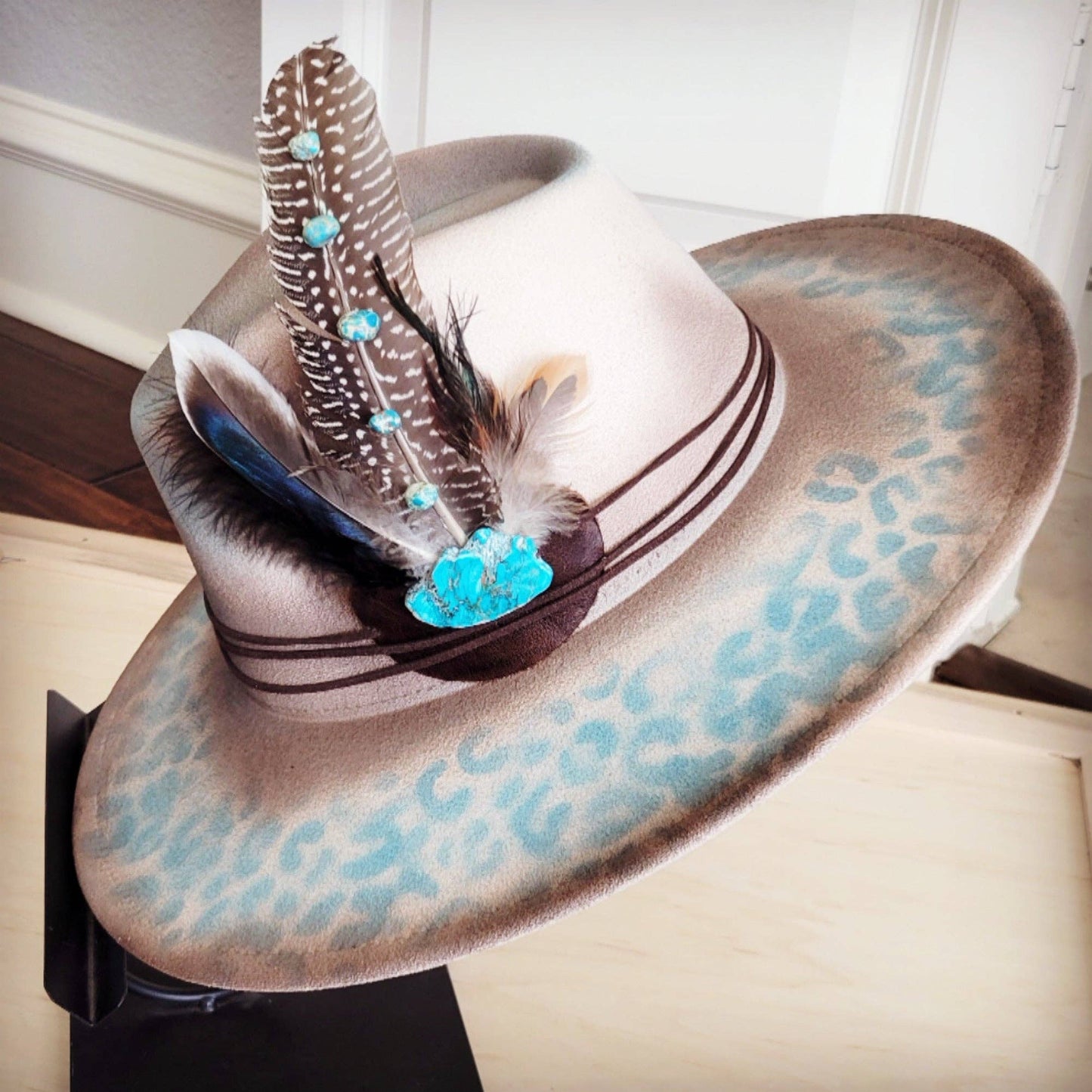 Hand-Painted Leopard Boho Western Cowgirl Hat & Band-Brown/Turq 986t