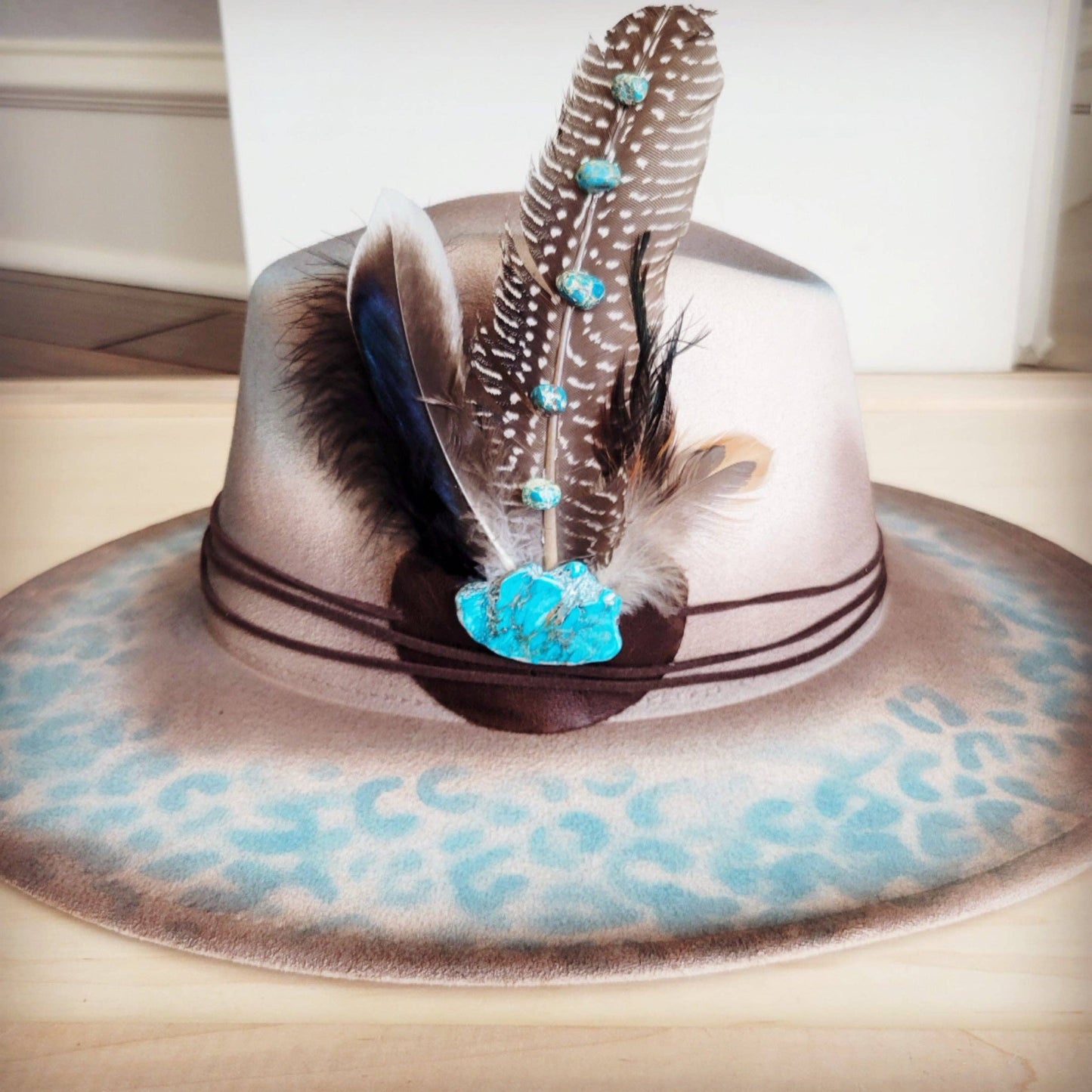 Hand-Painted Leopard Boho Western Cowgirl Hat & Band-Brown/Turq 986t