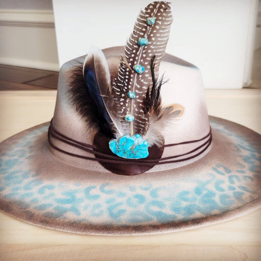 Hand-Painted Leopard Boho Western Cowgirl Hat & Band-Brown/Turq 986t