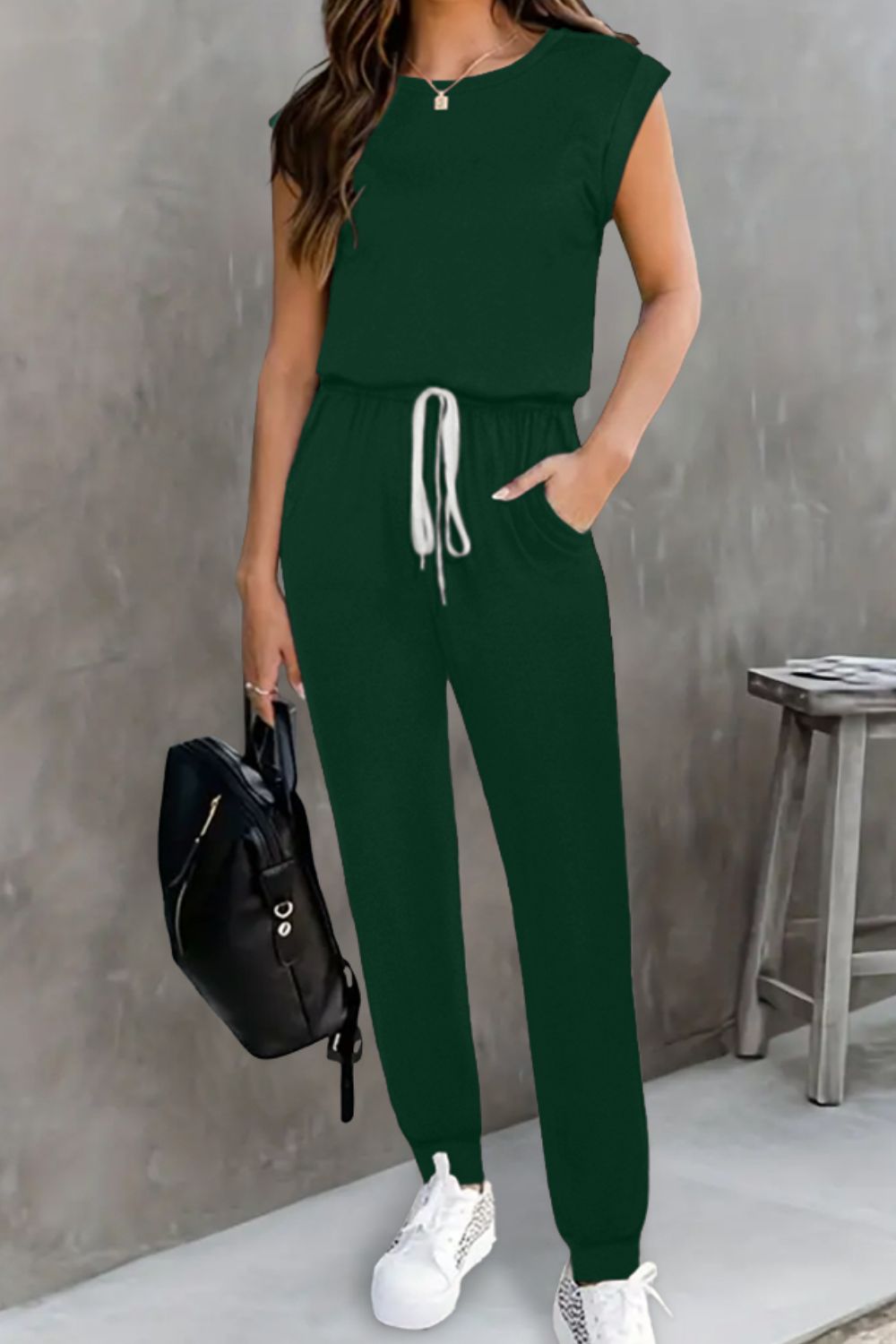 Drawstring Round Neck Sleeveless Jumpsuit