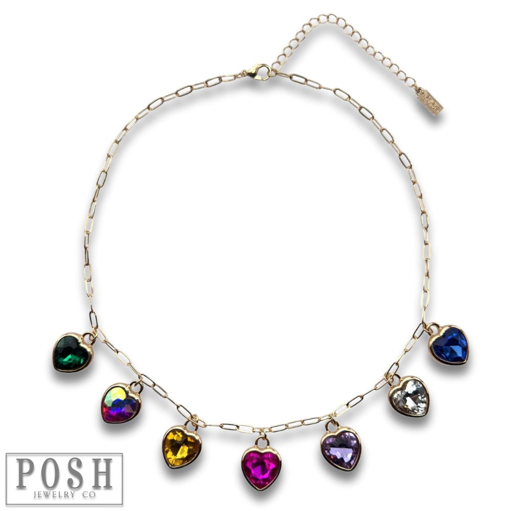 Multi-color rhinestone heart charm necklace