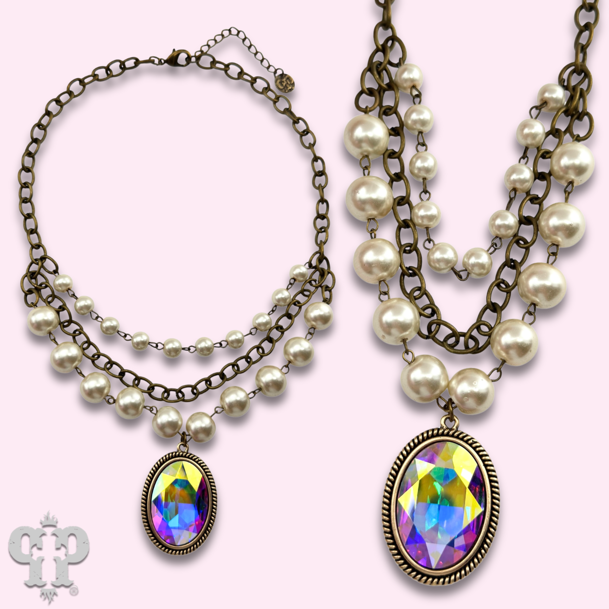 Oval rhinestone pendant with layered look pearl bead necklace