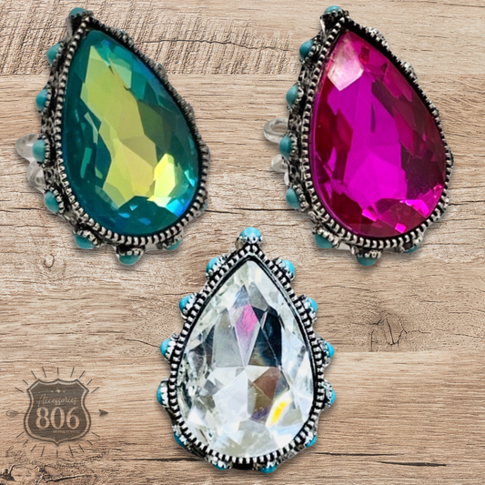 Rhinestone, bead studded teardrop ring - LC