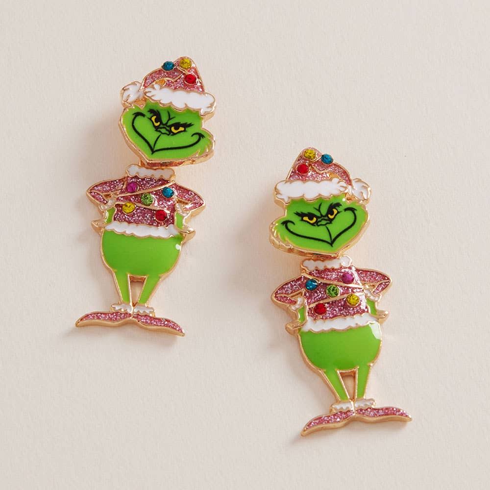 Sparkly Holiday Grinch Green Monster Earrings