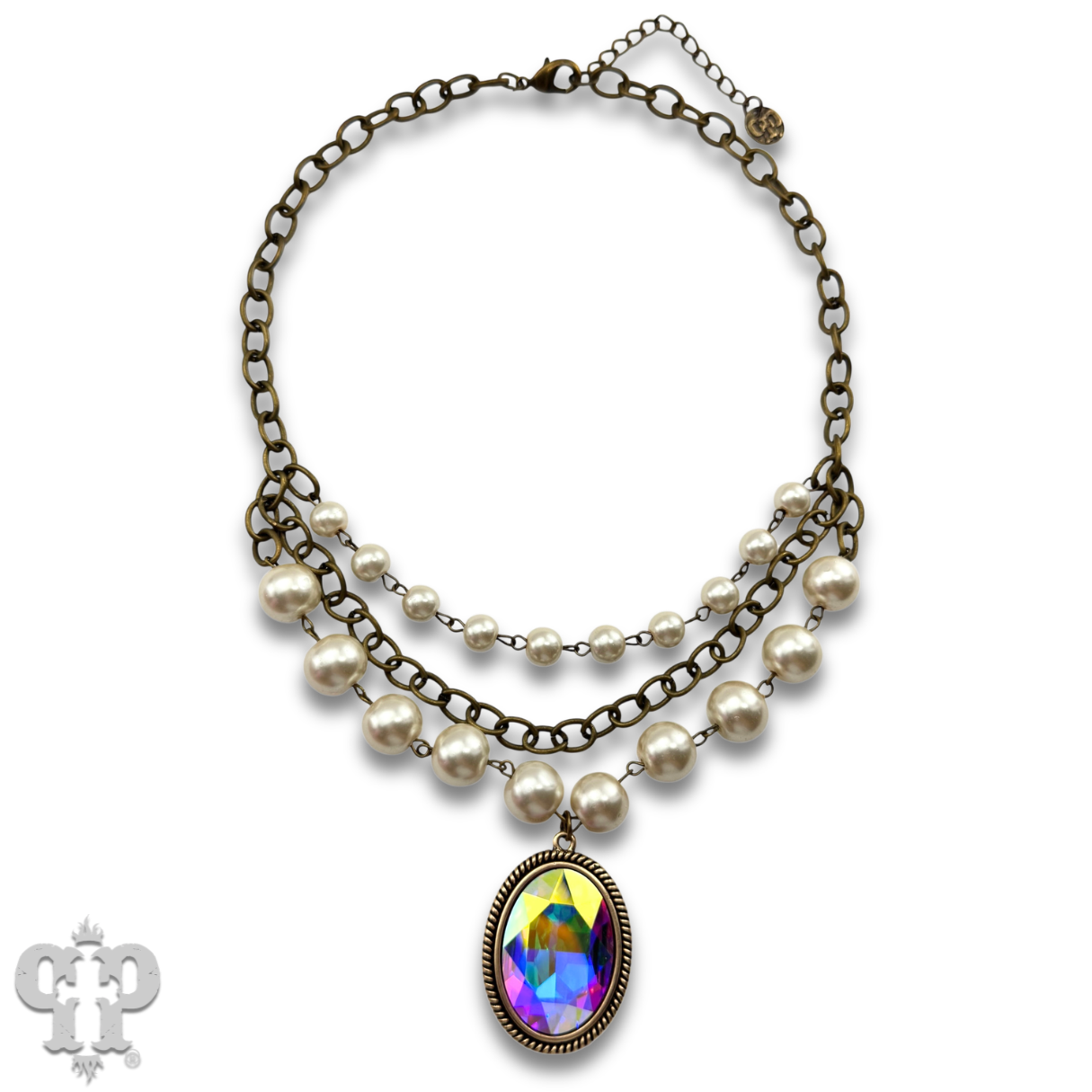 Oval rhinestone pendant with layered look pearl bead necklace