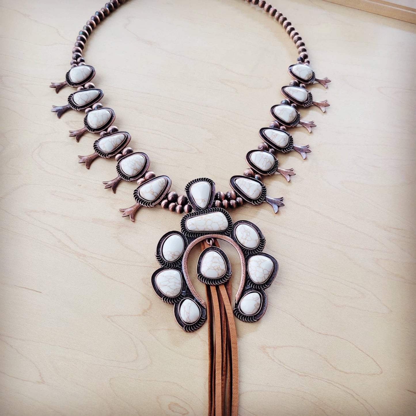 **White Turquoise Squash Blossom Necklace w/ Tassel 262aa