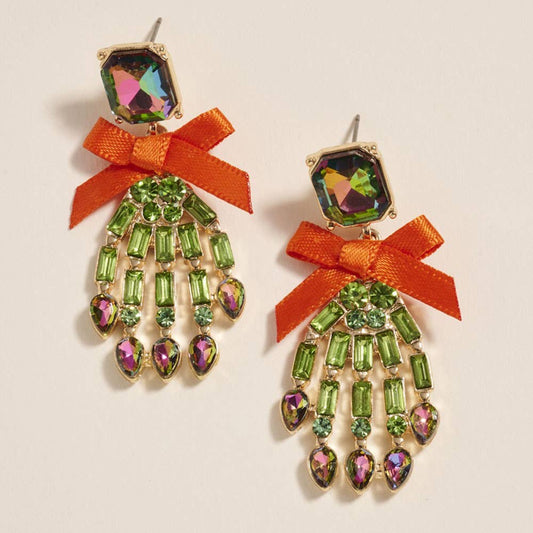 Bow Accent Glass Stone Skeleton Hand Dangle Earrings