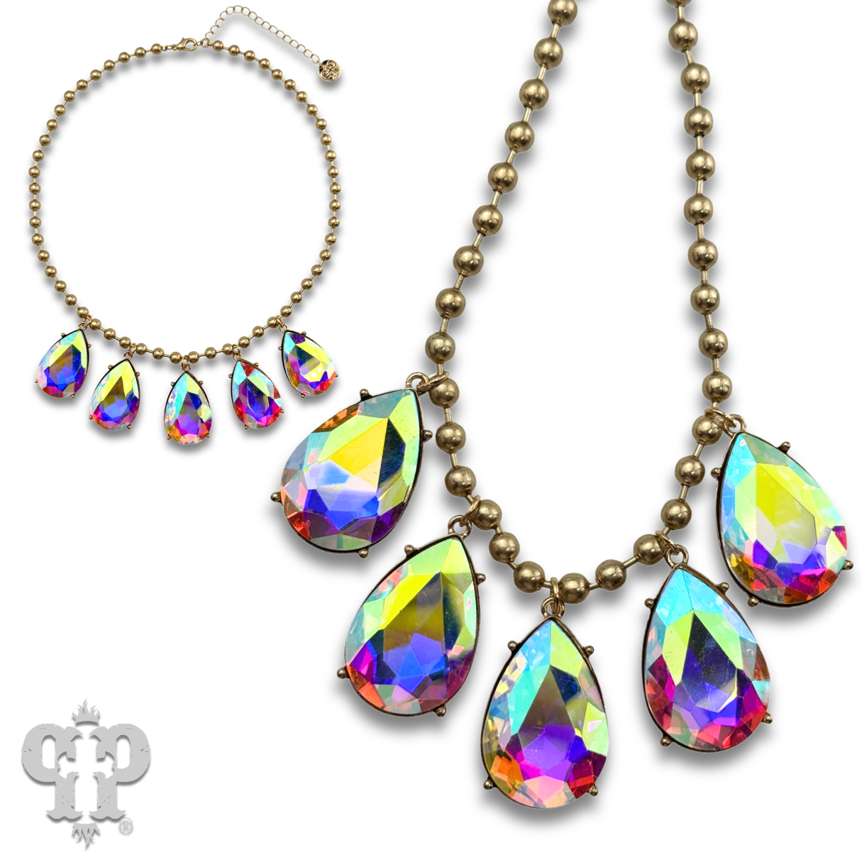 Ball chain necklace with large rhinestone teardrop charms