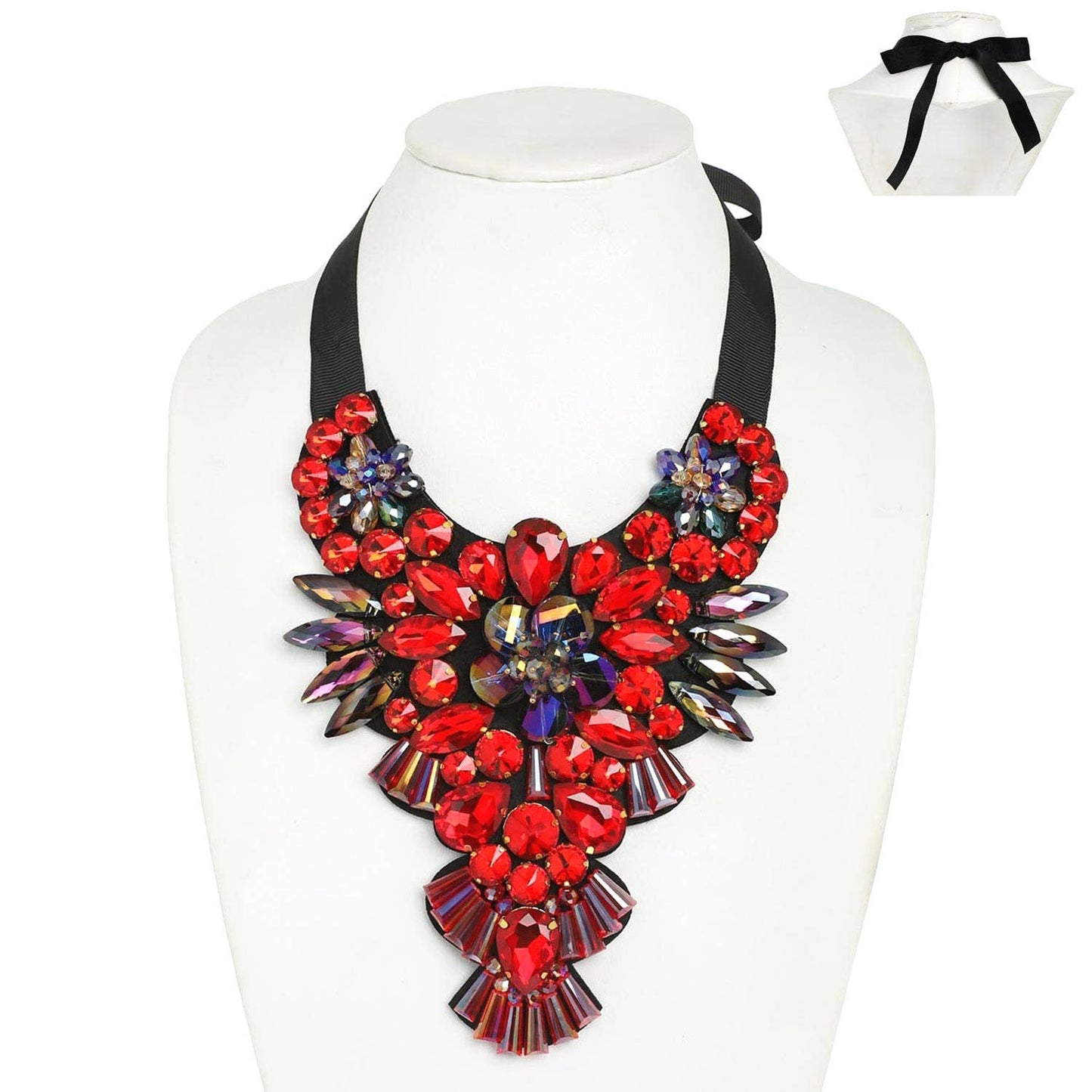 Floral Crystal Gemstone Ribbon Bib Necklace