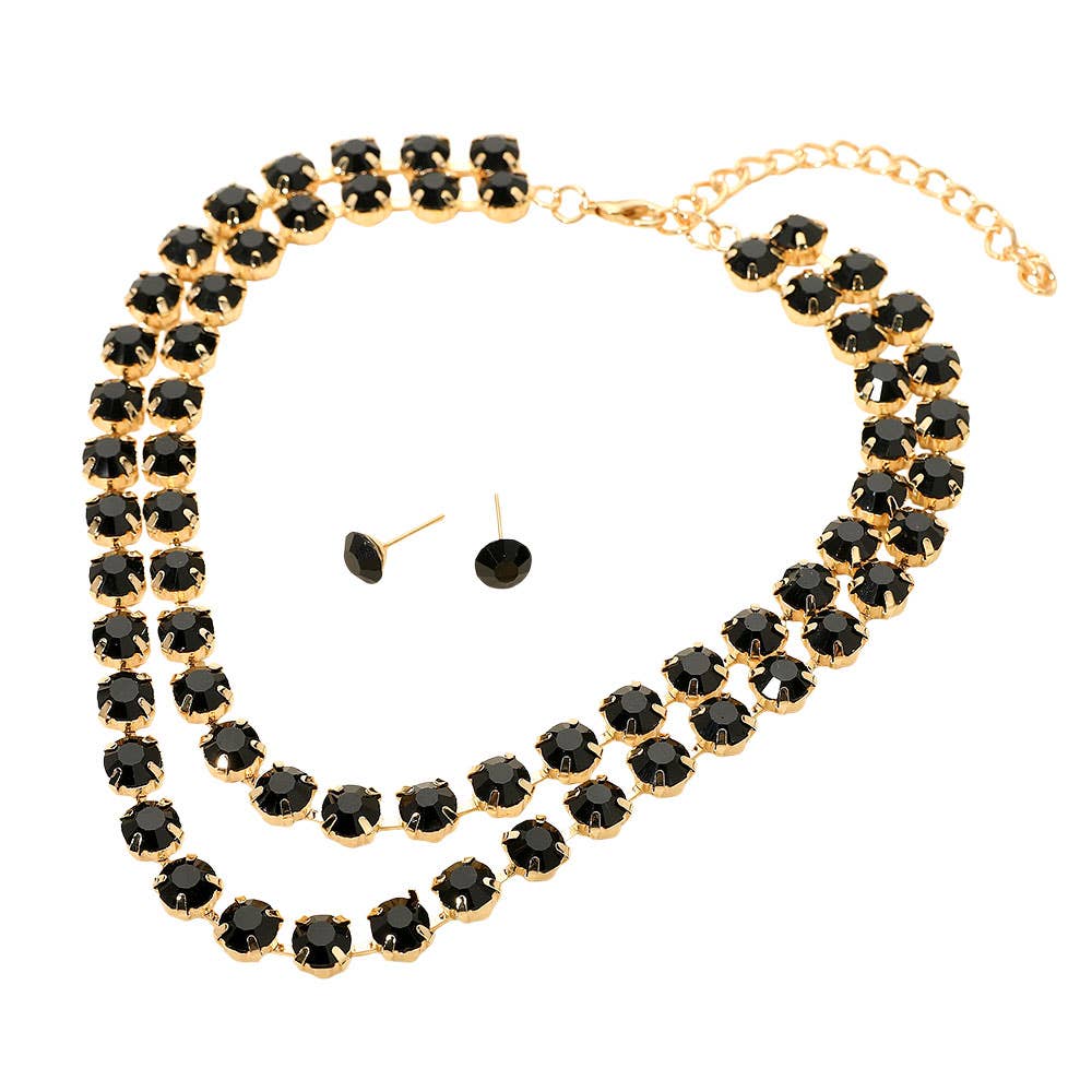 Double Row Round Stone Cluster Link Layered Necklace