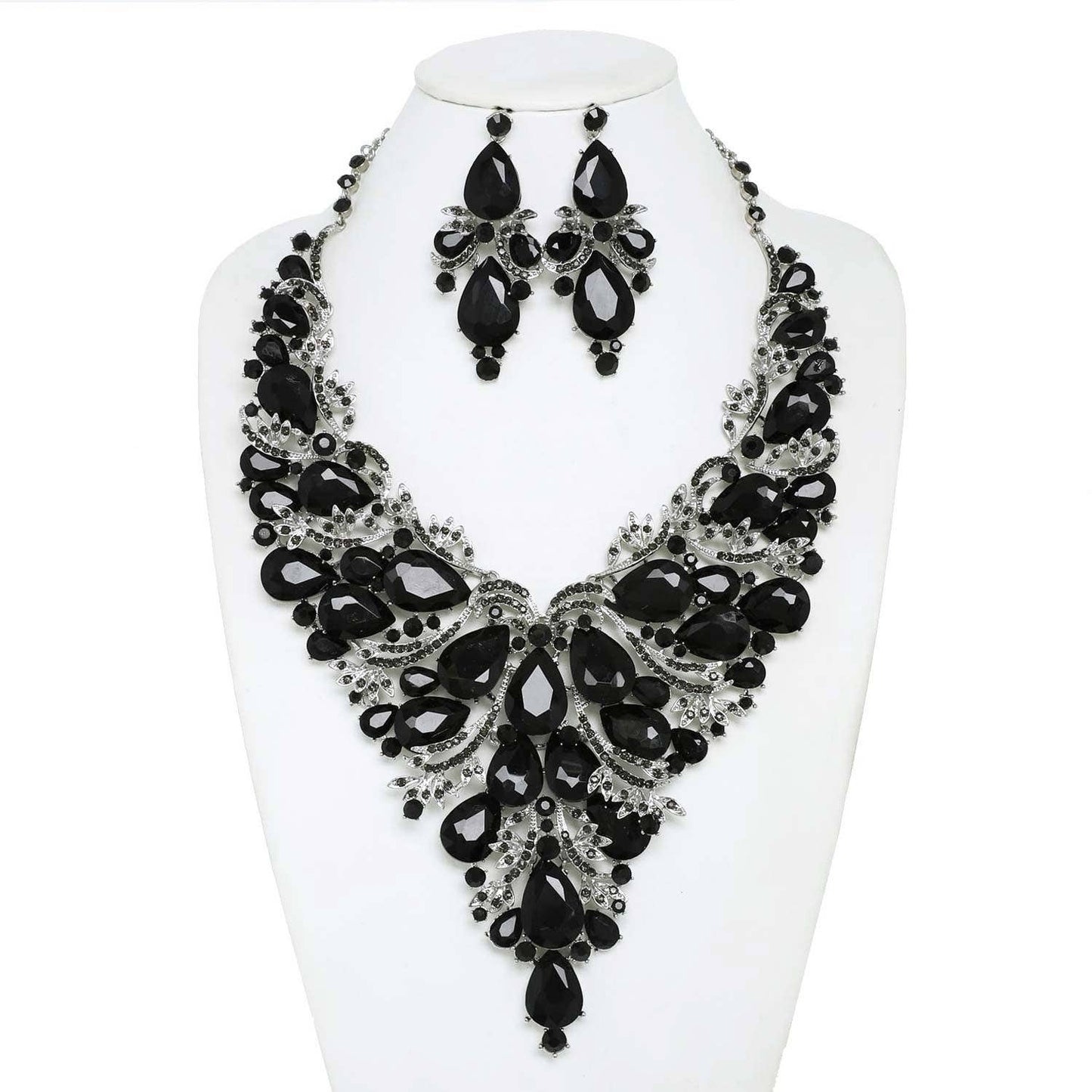 Crystal Gemstone Cluster V-Shaped Necklace Set