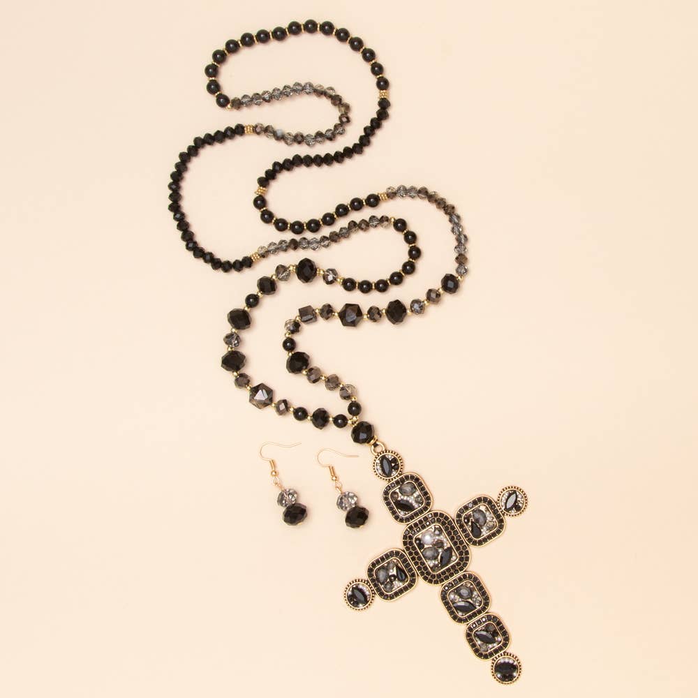 Crystal Cross Beaded Pendant Necklace & Earring Set