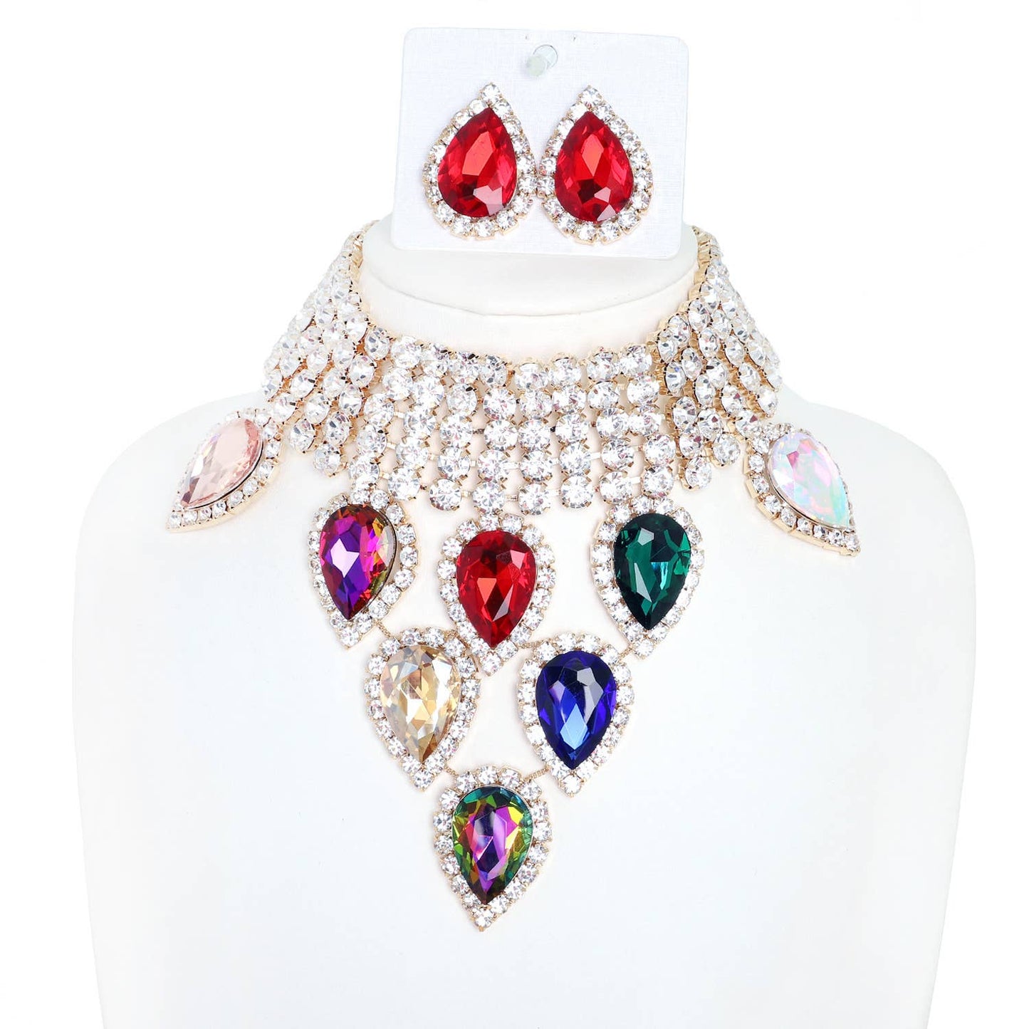 Christmas Lights Gemstone Choker Bib Necklace Set