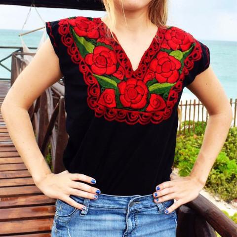 Zina Black Top with Red Embroidery