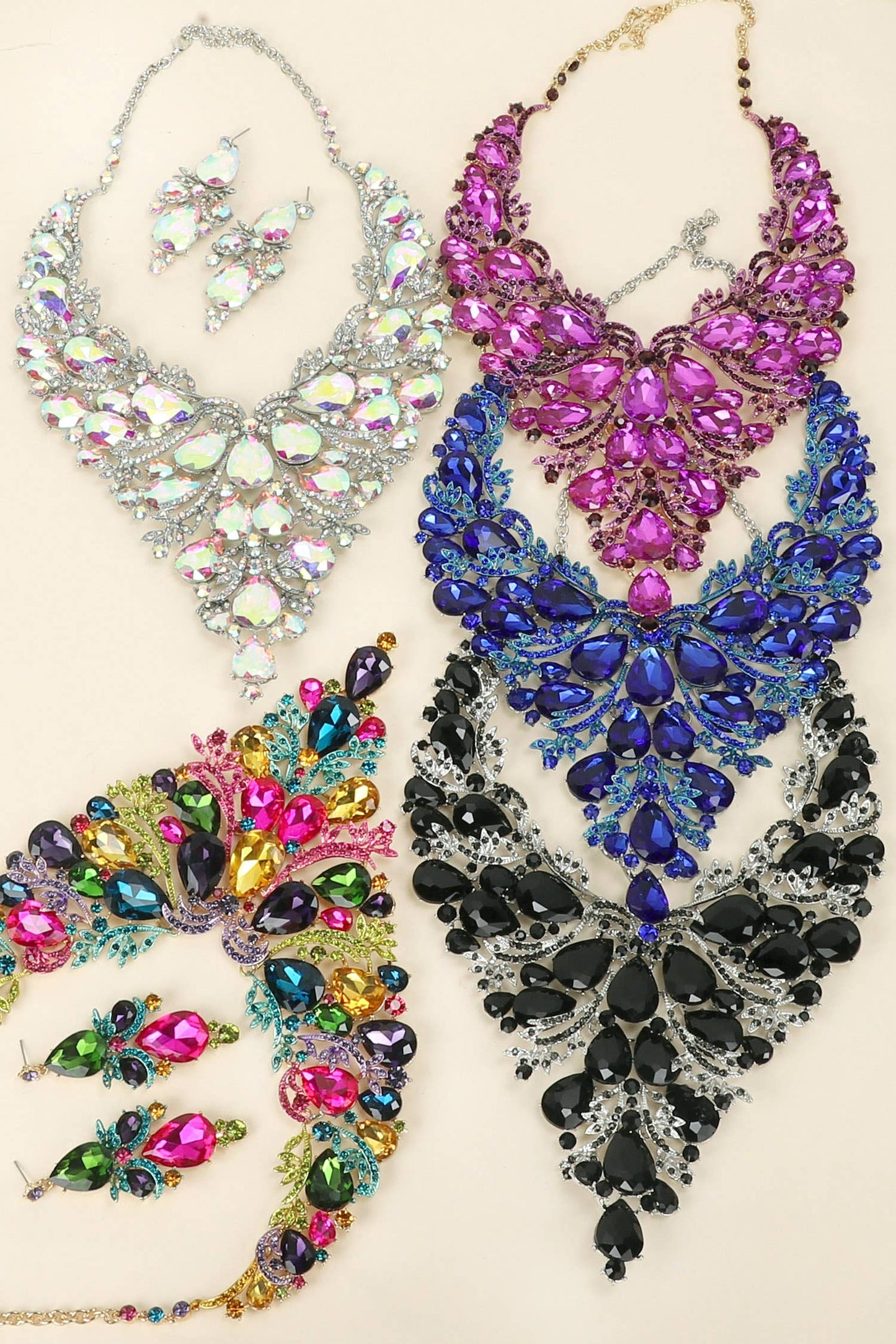 Crystal Gemstone Cluster V-Shaped Necklace Set