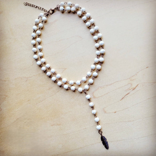 Double Strand Lariat White Turquoise Necklace w/ Copper Feather 259q