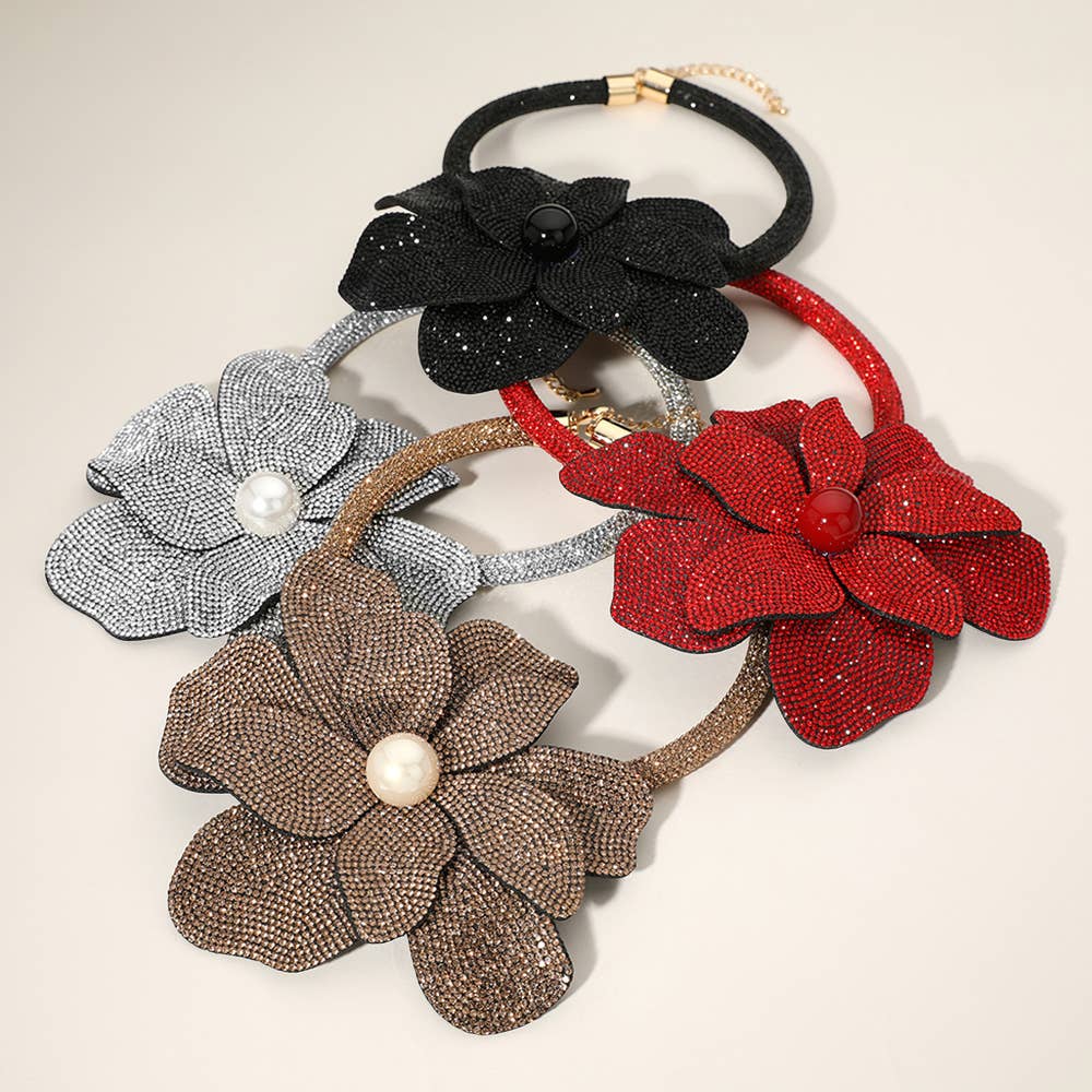 Pearl Centered Bling Studded Oversized Flower Pointed Necklace