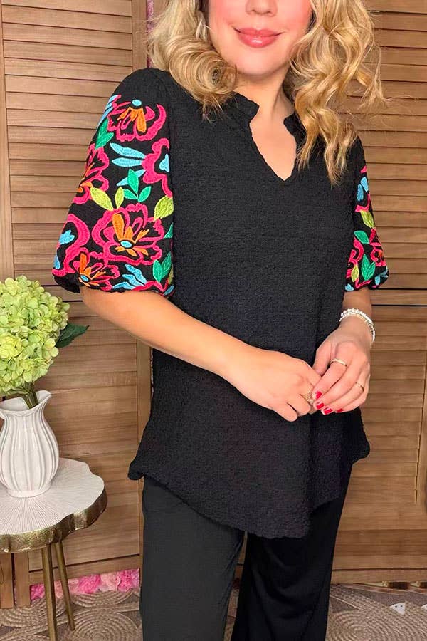 Floral embroidery black knitted women blouse XCH16540