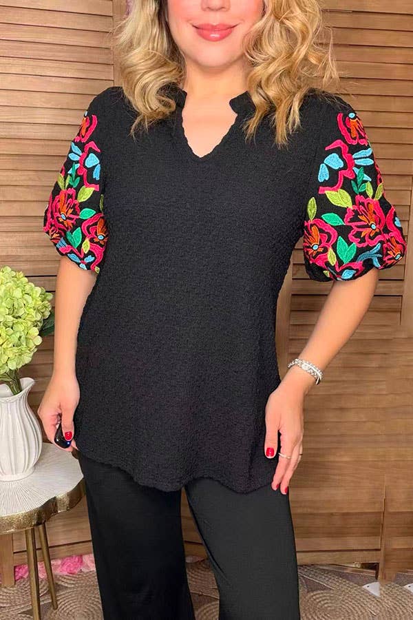 Floral embroidery black knitted women blouse XCH16540