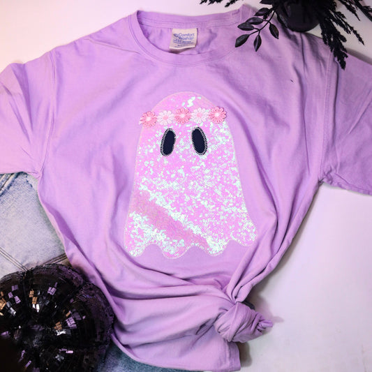 Groovy Ghost Embroidered Applique Halloween Short Sleeve