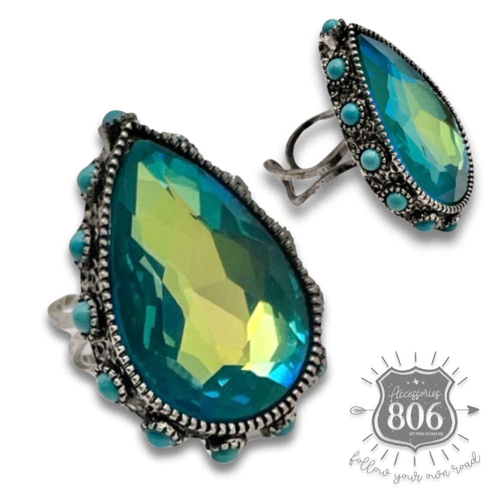 Rhinestone, bead studded teardrop ring - LC