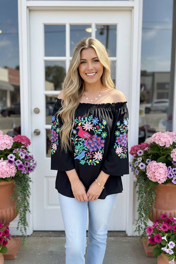 Flower & bird embroidery black rayon women top XCH16731