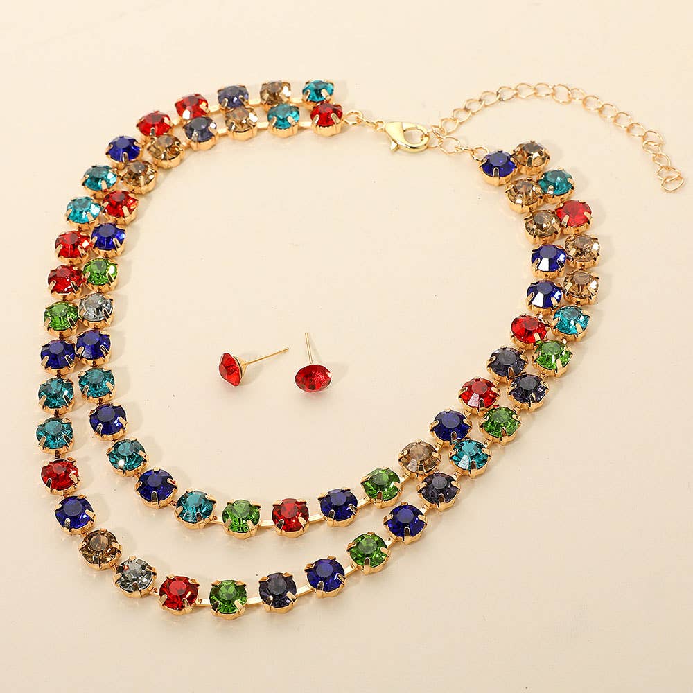 Double Row Round Stone Cluster Link Layered Necklace