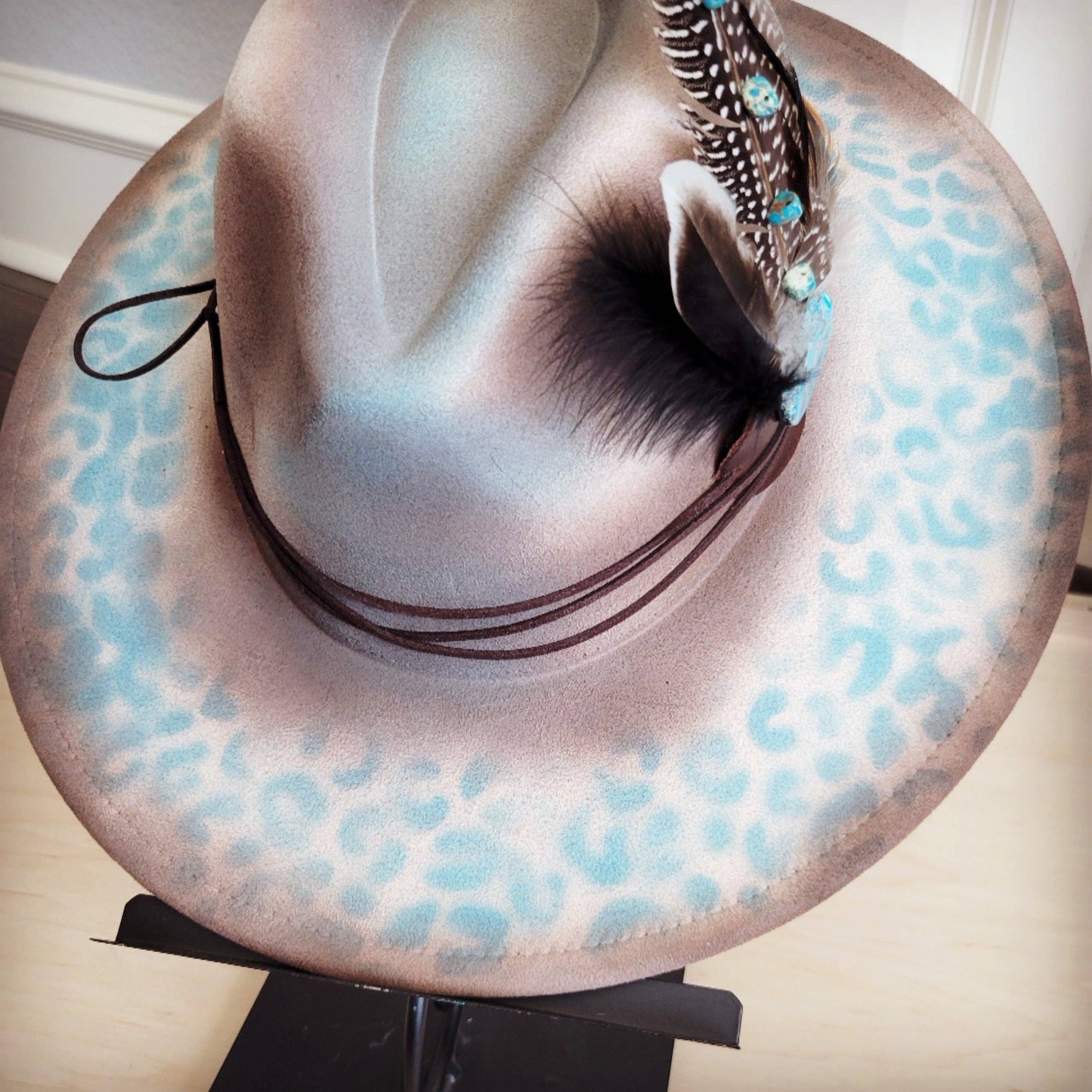 Hand-Painted Leopard Boho Western Cowgirl Hat & Band-Brown/Turq 986t
