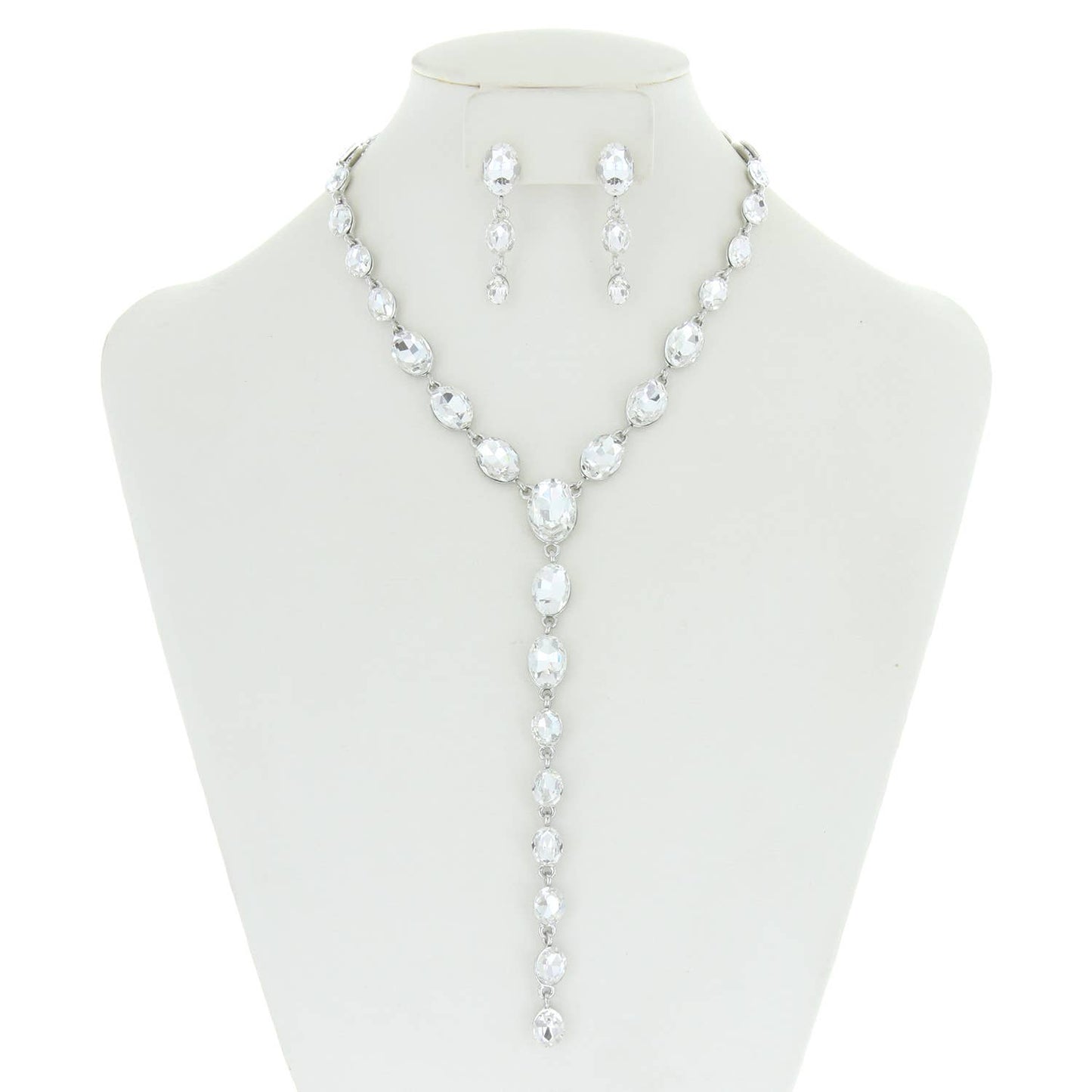 Oval Cut Crystal Lariat Necklace Earring Set