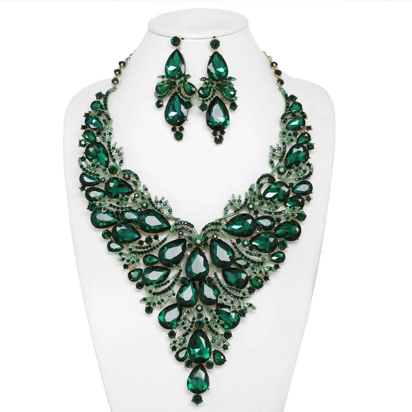 Crystal Gemstone Cluster V-Shaped Necklace Set