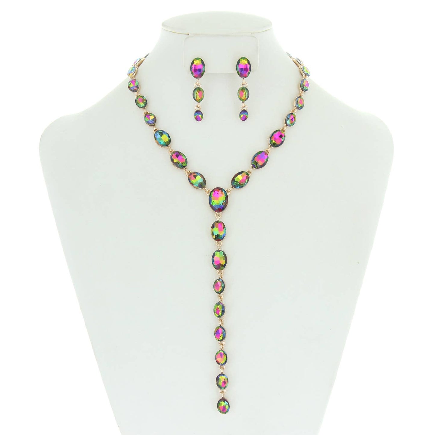 Oval Cut Crystal Lariat Necklace Earring Set