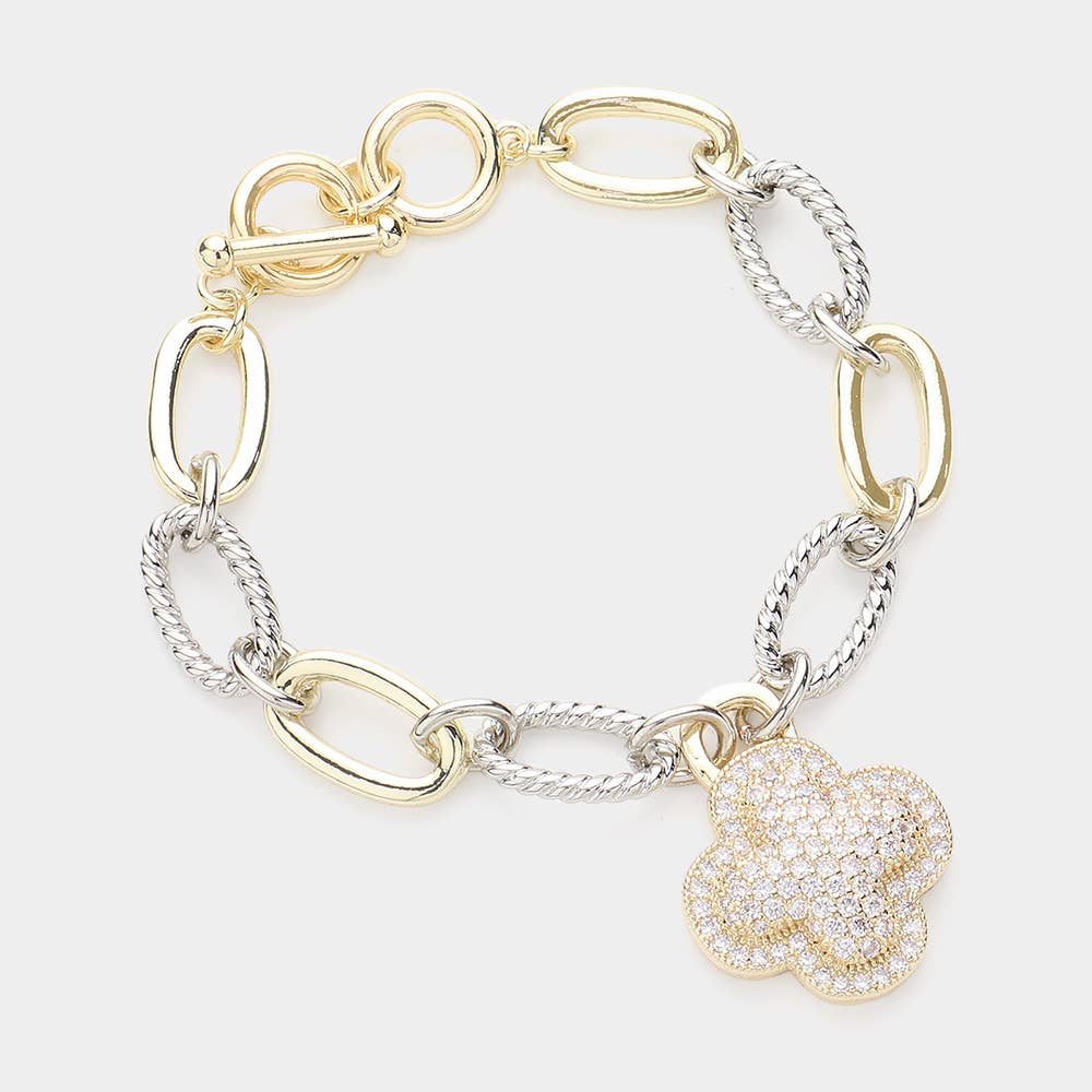 14K Gold Plated CZ Stone Paved Quatrefoil Charm Bracelet