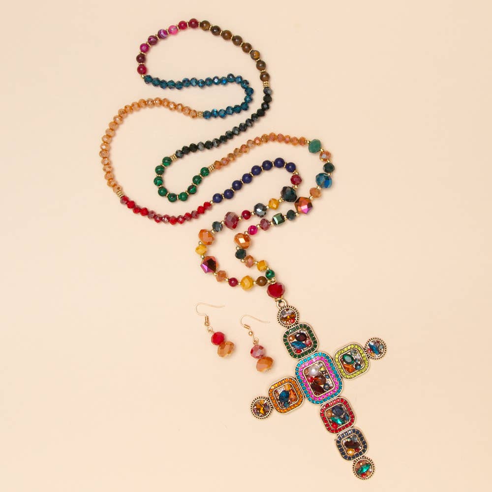 Crystal Cross Beaded Pendant Necklace & Earring Set