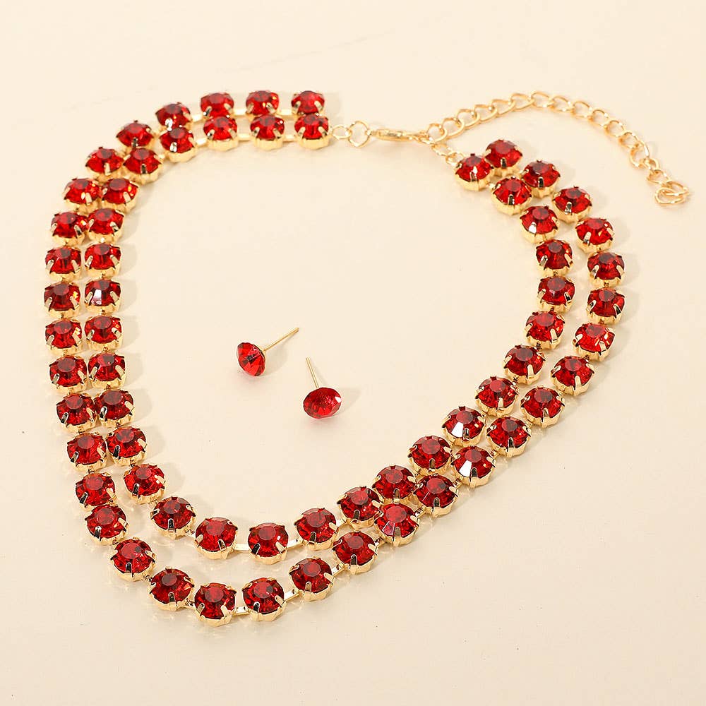Double Row Round Stone Cluster Link Layered Necklace
