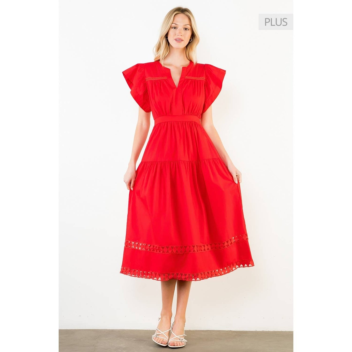 /Size XL/ Ruffled Sleeves V-Neck Tiered Midi Dress