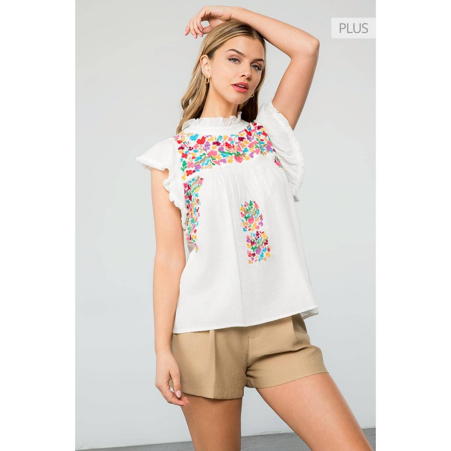 /Size XL/ Floral Embroidery Flutter Sleeve Top