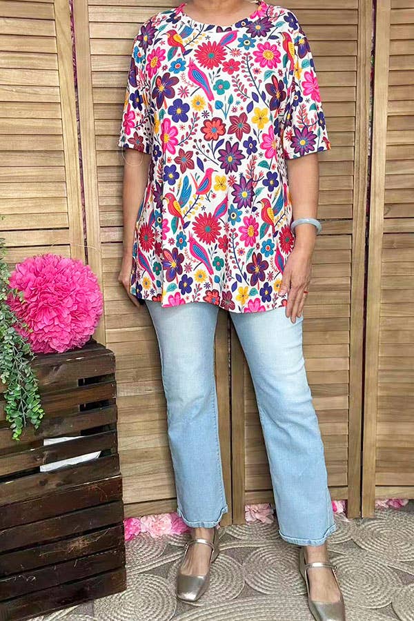 Spring multicolor floral short sleeve women top GJQ16622